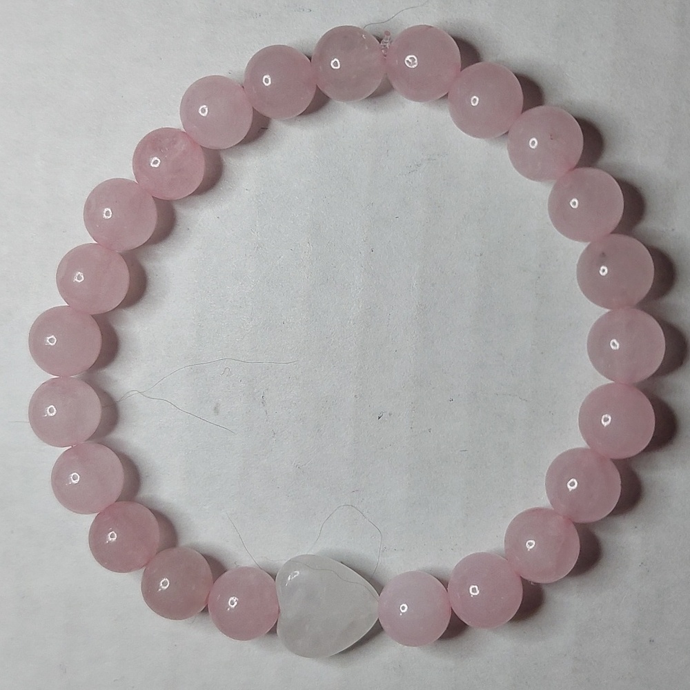 Rose Quartz Stone Heart/Rose Quartz Stone 8mm Round Bead Bracelet
